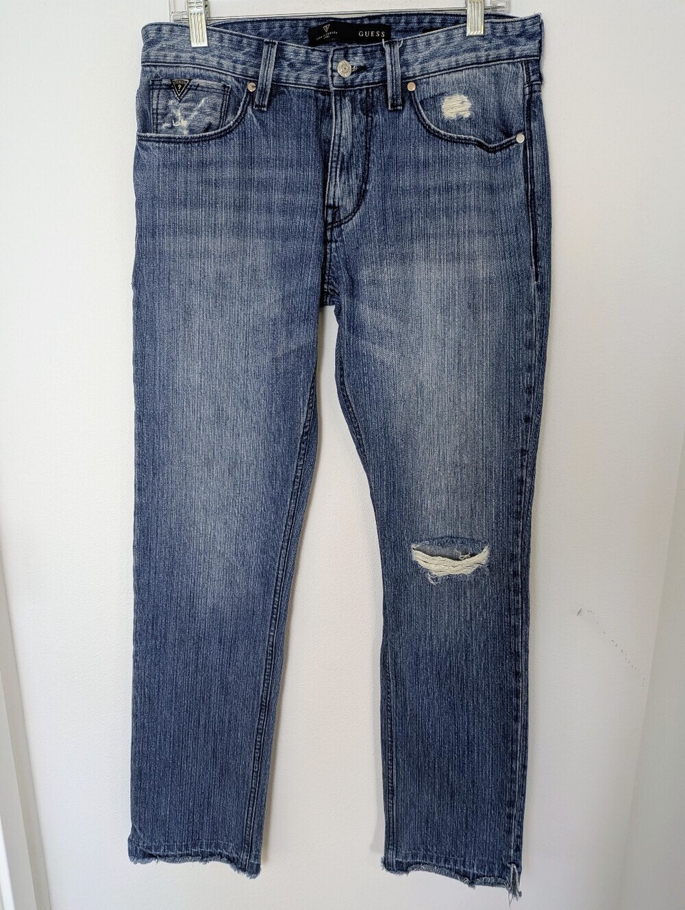Guess Men's Rigid Slim Straight Jeans Ripped Destroyed Blue Wash Size 32 * 32